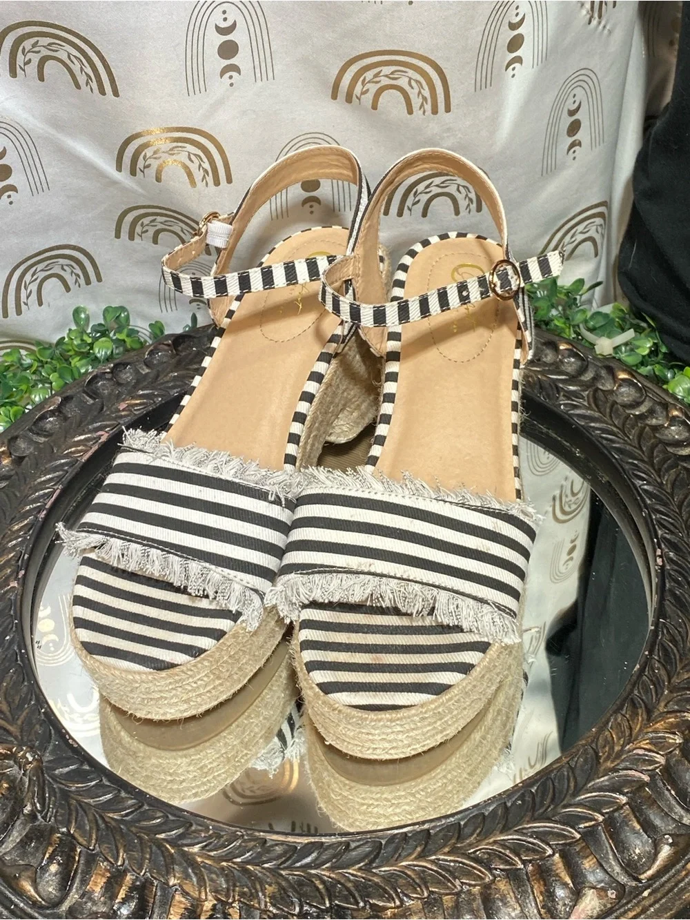 Black & White Striped Platform Espadrille Sandals with Ankle Strap